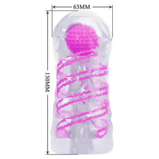 Transparent rosa cylindrisk masturbator med spiralstruktur, 15 cm hög och 6,3 cm bred, tillverkad av mjukt material.