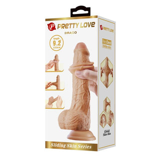 Pretty Love Draco dildo, 9.2, köttfärgad silikon, böjbar kärna, sugkoppsbas, visas med produkt- och funktionsbilder.