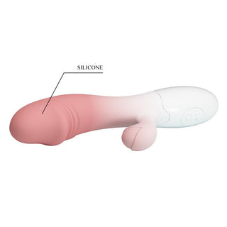 Kaninvibrator i rosa och vit silikon med böjt skaft, G-punktsstimulator och extern klitorisarm.