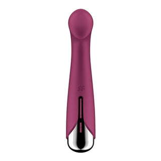 Satisfyer Spinning G-Spot, en rödbrun vattentät silikonvibrator med silverbas designad för G-punktsstimulering, visas stående upprätt mot en vit bakgrund.