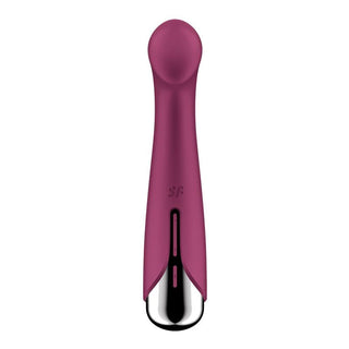 Satisfyer Spinning G-Spot, en rödbrun vattentät silikonvibrator med silverbas designad för G-punktsstimulering, visas stående upprätt mot en vit bakgrund.