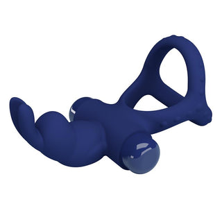 En kaninformad cockring med vibration, tillverkad i blått silikon och utrustad med texturerade, böjda utstickare för extra stimulans - perfekt som parleksak.