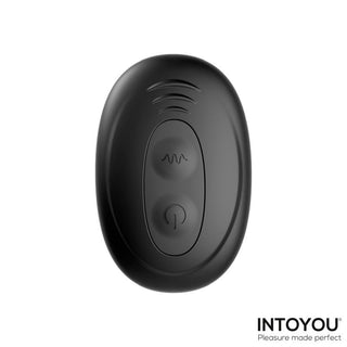 Svart oval plastfjärrkontroll med två knappar och INTOYOU-logotyp, designad för Womp Prostatamassager, visas mot en vit bakgrund.