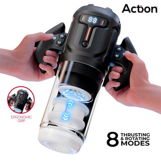 Action Zyon Masturbator, en svart enhet med genomskinlig kammare, ergonomiskt grepp och en knapp för Climax Mode; tillverkad av mjukt material.