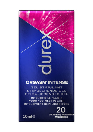Den blå och lila förpackningen av Durex Intense Orgasmic Gel, 10 ml, innehåller flerspråkig text som lovar "starkare orgasmer" genom effektiv klitorisstimulering.
