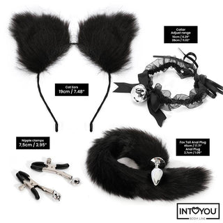 Utforska lekfulla fantasier med Intoyou BDSM Cosplay Set 4 Delar, med svarta kattöron, ett halsband med klocka, bröstvårtskedjor och en buttplug med rävsvans - perfekt för en oförglömlig cosplay-upplevelse.