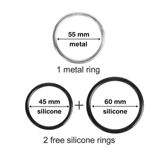 Bilden har en 55 mm metallring och två silikonringar (45 mm och 60 mm) idealiska för Justerbar Strap-On-selen. Inkluderar text: + 2 gratis silikonringar.