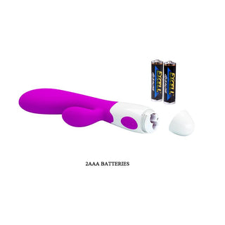 PrettyLove Alvis Dual Vibrator i lila, visad med öppet batterifack, klitorisarm och två AAA-batterier bredvid.