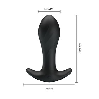 PrettyLove Vibrerande Analplugg är en svart analplugg i kroppssäker silikon med böjd bas. Storlek: 34,5 mm bred, 104,5 mm hög, 73 mm bas. Har 12 vibrationsfunktioner för extra njutning och säkerhet.
