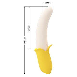 Vit och gul silikonvibrator, bananformad, 195 mm lång, 31 mm bred, med 120 mm instickslängd.