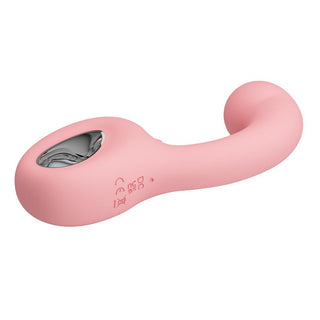 Rosa dubbelvibrator i silikon med böjd design och metallisk accent, utformad för dubbel stimulering.