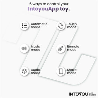 Infografik som visar 6 Greeny Prostatavibrator med Appstyrning kontrolllägen—Automatisk, Touch, Music, Remote, Audio och Shake—illustrerar appstyrning och olika vibrationslägen för en förbättrad upplevelse.