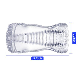 Hannx2 Handjob Stroker är en klar, strukturerad cylinder som mäter 5,5 tum gånger 2,2 tum, med en räfflad insida tillverkad av högkvalitativt TPR för en förstklassig manuell upplevelse.