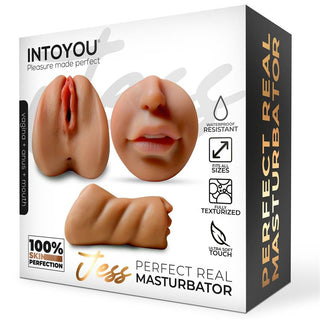 LikeTrue Jess-masturbator, 3 hål, TPE-material, beige färg med detaljerad produktdesign på förpackningen.
