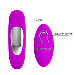 Lila silikonvibrator med dubbla armar och på/av- och vibrationsknappar, visad framifrån och bakifrån.
