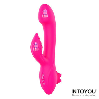 Magnoliapink 3-in-1 Suction Vibe, en ljusrosa silikonvibrator med roterande pärlor och klitorisstimulator, visas på en vit bakgrund med INTOYOU-varumärke.