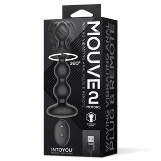 Intoyou Mouve 360° svart analplugg i silikon med trådlös fjärrkontroll och USB-laddningskabel, visad i förpackningen.