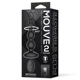 Intoyou Mouve 360° svart analplugg i silikon med trådlös fjärrkontroll och USB-laddningskabel, visad i förpackningen.