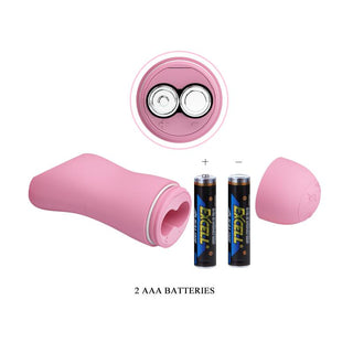 Den rosa E-Stim Bröstklämmor Med Vibration har ett öppet batterifack med två AAA-batterier bredvid, designat för elektrisk stimulering.