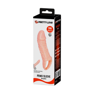 Ask med PrettyLove Penissleeve 16 cm med produktbild och egenskaper på svart och röd förpackning. Innehåller en testikelring och strukturerad yta för ökad njutning.