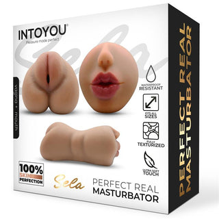 Intoyou Liketrue Sela Masturbator, tillverkad av TPE-material, med realistiska öppningar för vagina och mun; produkten visas här i en neutral färg.