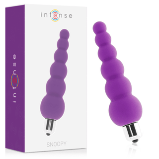 Snoopy 7-Speed Analvibrator, i lila med pärlor, sitter elegant bredvid sin "Intense Snoopy"-låda och erbjuder avancerade funktioner för en extraordinär upplevelse.