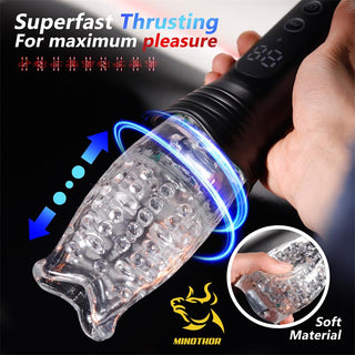 Subaz Masturbator 360° Rotation har ett svart handtag, texturerad hylsa, touchkontroller och intensiva vibrationer; inkluderar en avtagbar hylsinsats för enkel hantering.