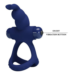 Kaninformad Cockring med Vibration - en blå, silikonbaserad penisring med knottrig topp och tydlig on/off-knapp. Perfekt som par-leksak för extra njutning.