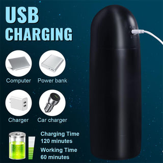 Lila silikonmasturbator av märket Juicy Lamour Zona med en USB-laddningsport, avbildad tillsammans med ikoner för kompatibla laddningsenheter.