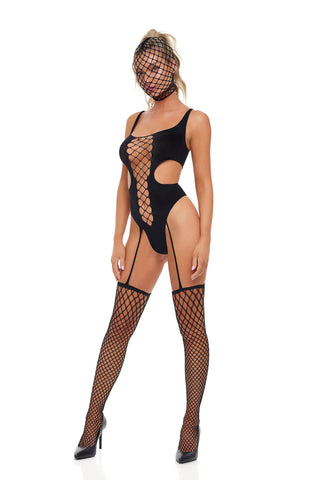 Lipstick Sin N Chill Bodystocking i skirt tyg med matchande handskar och ansiktsskydd, visas med högklackade skor.