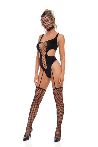 Lipstick Sin N Chill Bodystocking i skirt tyg med matchande handskar och ansiktsskydd, visas med högklackade skor.