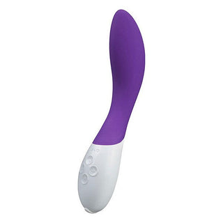 Lelo Mona 2 är en lila och vit böjd G-punktsvibrator tillverkad av kroppssäkert silikon, med kontrollknappar på handtaget och en vattentät konstruktion.