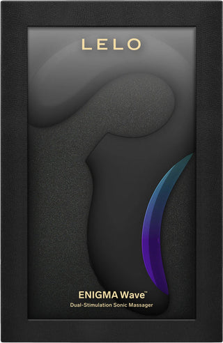 LELO Enigma Wave trippelstimulerande vibrator med WaveMotion™-teknik i svart och lila, stilfullt förpackad i elegant svart låda.