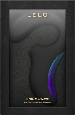 LELO Enigma Wave trippelstimulerande vibrator med WaveMotion™-teknik i svart och lila, stilfullt förpackad i elegant svart låda.