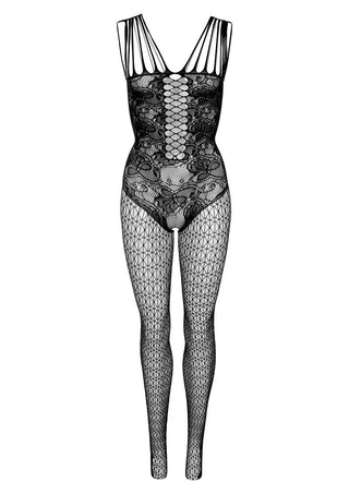 Intimates Hex and Lace Net Bodystocking har en fängslande svart spetsdesign med geometriska mönster och axeldetaljer på en vit bakgrund.