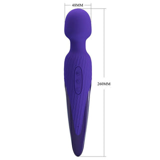 PrettyLove Anthony Wand massageapparat i lila med knappar, flera vibrationslägen, 260mm längd, 48mm huvudbredd, visas på en vit bakgrund.