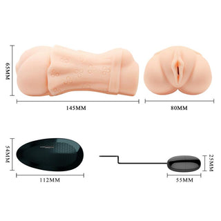 Crazy Bull Water Skin Masturbator är en realistisk köttfärgad enhet med tydligt märkta dimensioner, med Water Skin-teknik. Den levereras med en svart fjärrkontroll och tråd, båda exakt uppmätta för tydlighetens skull.