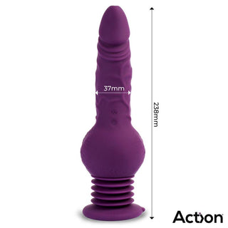 Lila, räfflad silikonvibrator med stötfunktion och sugfot, mått: 238 mm × 37 mm.