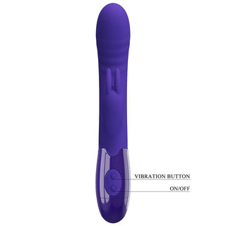 Cerberus Licking Rabbitvibrator, en lila silikonleksak med märkta vibrations- och av/på-knappar på handtaget, utformad för både klitoris- och G-punktsstimulering, visas fotograferad mot en vit bakgrund.