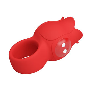 Fingervibrator i röd silikon med en texturerad del och två vita knappar för kontroll.