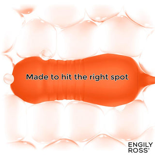 En orange Engily Ross Lizer Pro med texten "Made to hit the right spot", omgiven av mjuka vita former - perfekt att kombinera med ett vibrerande ägg för ökade sensationer.