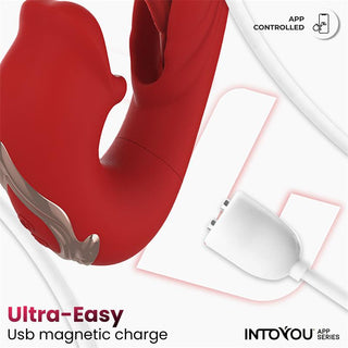 Intoyou Mouty Appstyrd Rabbitvibrator har en svängbar tunga, magnetisk USB-laddning och appkontroll via ActiveJoy för sömlös njutning.