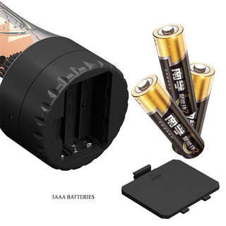 Svart batterifack på Pretty Love Naomi Masturbator med locket avtaget, med plats för tre AAA-batterier.