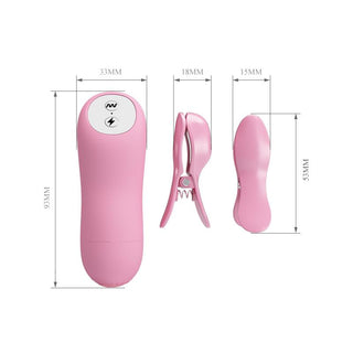 E-Stim Bröstklämmor Med Vibration, en rosa vibrerande massageapparat med fjärrkontroll, erbjuder elektrifierande förnimmelser. Den har dimensioner på 33x110, 18x95 och 15x95 mm och ger ökad njutning genom exakta vibrationsjusteringar för ultimat tillfredsställelse.