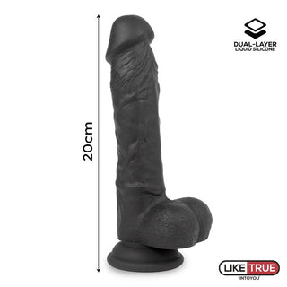 LikeTrue Realistisk Dildo 20 cm i svart, tillverkad av flytande silikon med sugkopp.