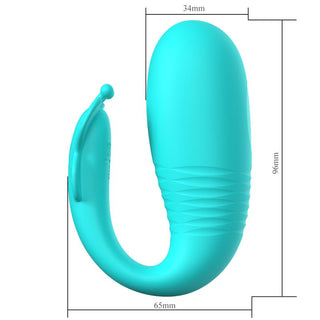 Turkost vibratorägg i silikon med fjärrkontroll, 96x34mm, böjd design, tillverkat i slät silikon.