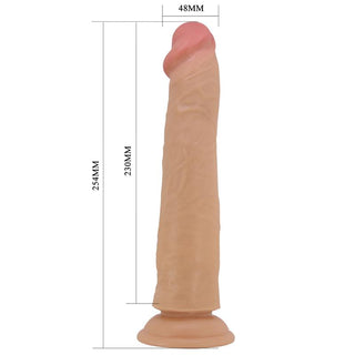 Realistisk dildo, hudfärgad silikon med ådrad yta, sugkopp i botten, 25 cm lång och 4,8 cm bred.