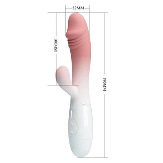 Kaninvibrator i rosa silikon med dubbla motorer, knappkontroller och en böjd design; mäter 32 mm x 190 mm.