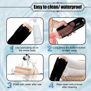 Vit automatisk onanihjälp med sugfunktion, tillverkad av slät plast med ergonomisk design och en avtagbar kammare.
