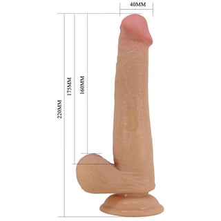 Svart, böjbar dildo med sugkopp, cirka 22 cm lång, tillverkad i silikon och visad med måttangivelser.